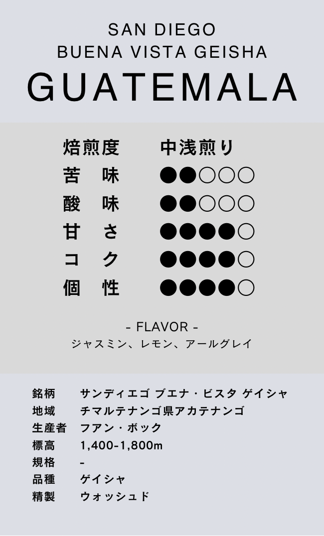 〔グアテマラ/中浅煎り〕サンディエゴ ブエナ・ビスタ ゲイシャ/ウォッシュド