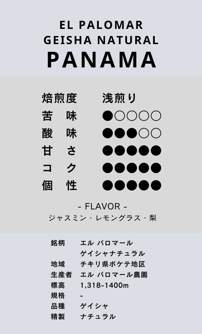 〔パナマ/浅煎り〕エル パロマール ゲイシャ ナチュラル/ナチュラル