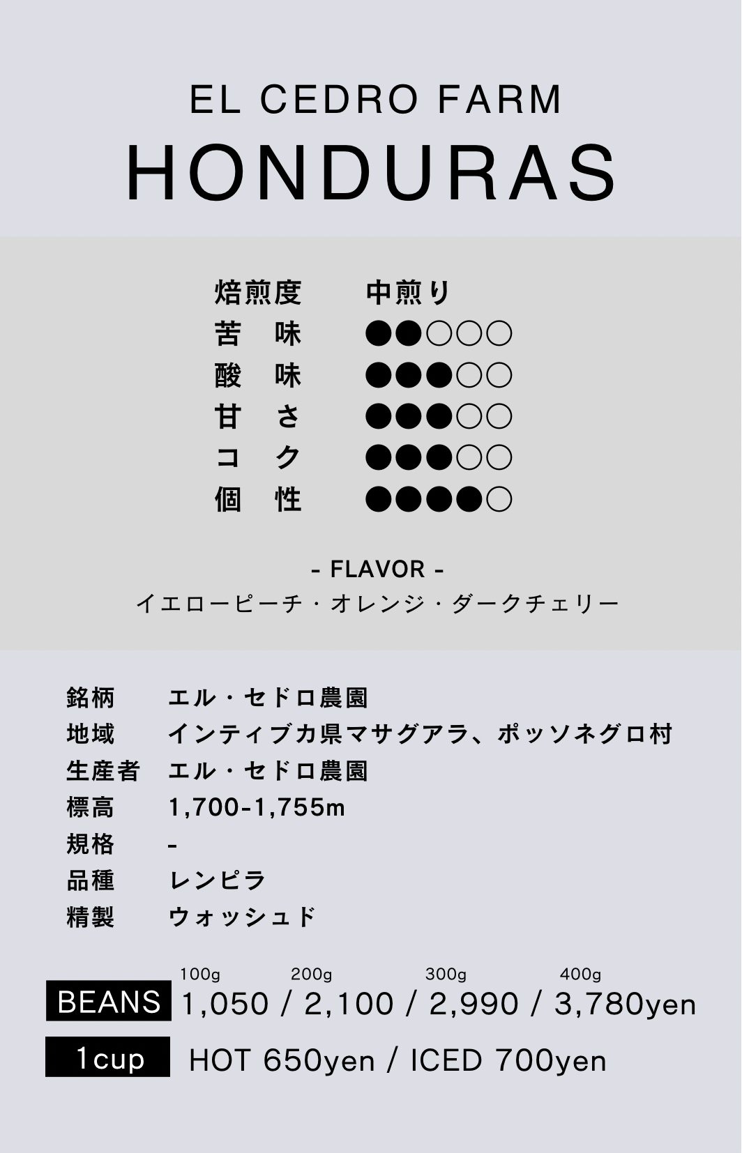 〔ホンジュラス/中浅煎り〕エル・セドロ農園/ウォッシュド