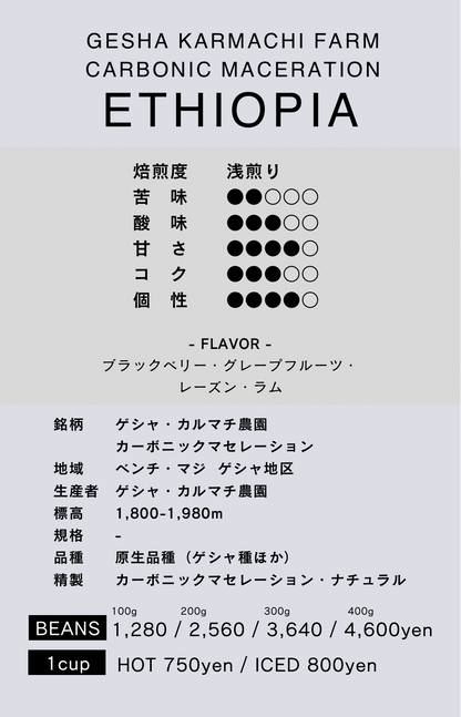 〔エチオピア／浅煎り〕ゲシャ・カルマチ農園 ／カーボニックマセレーション