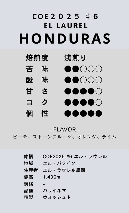 〔ホンジュラス／浅煎り〕COE2025 #6 エル・ラウレル／ウォッシュド
