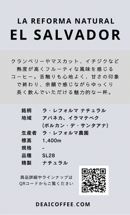 〔エルサルバドル／中浅煎り〕ラ・レフォルマ ナチュラル／ナチュラル