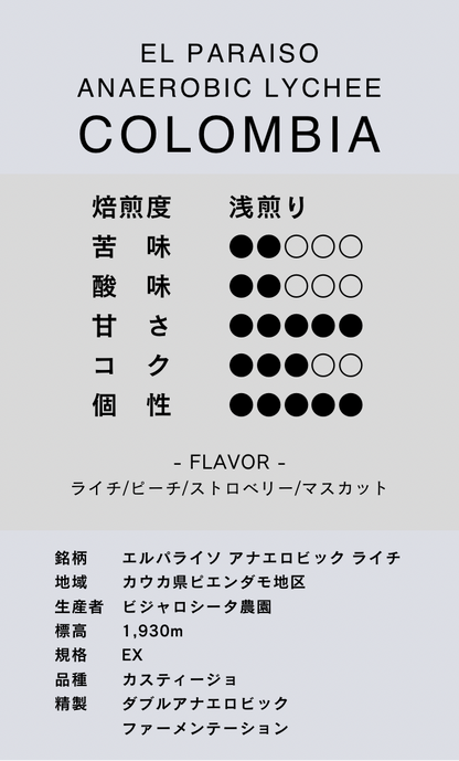 〔コロンビア／浅煎り〕エルパライソ アナエロビック ライチ ／ダブルアナエロビックファーメンテーション